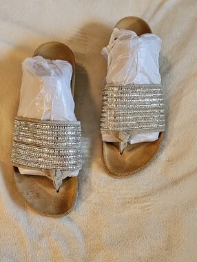 Embellished Metallic Slide Sandals - Silver